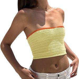 Lace Up Strappy Colorblock Crochet Knitted Tube Top Backless Bandeau Crop Tank